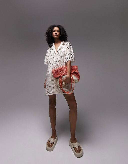 Topshop embroidered mini shirt dress in ivory | ASOS