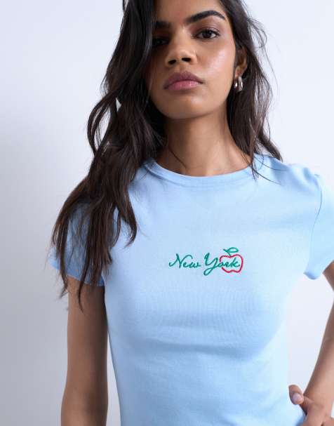 Topshop embroidered New York baby tee in light blue - view 1