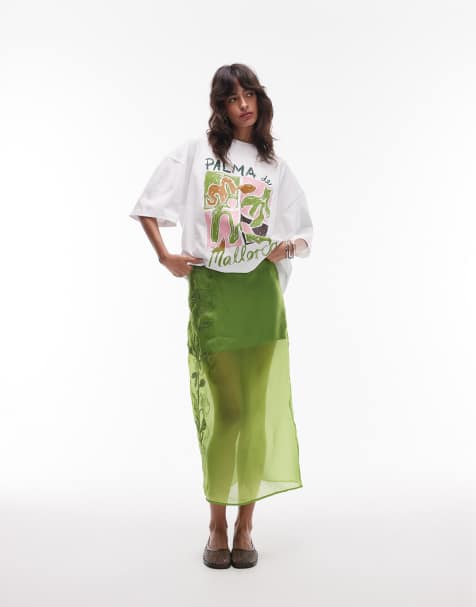 Topshop embroidered organza midi skirt in green - view 1