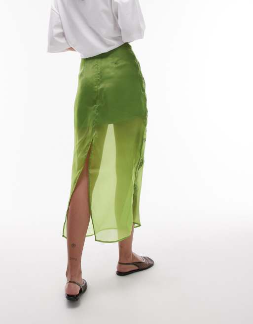 Topshop embroidered organza midi skirt in green ASOS