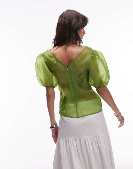 Topshop embroidered organza puff sleeve top in green, 2 of 4