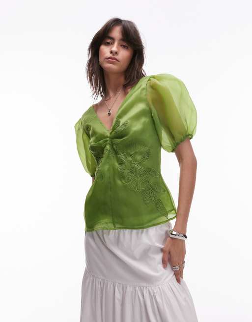Topshop embroidered organza puff sleeve top in green, 3 of 4