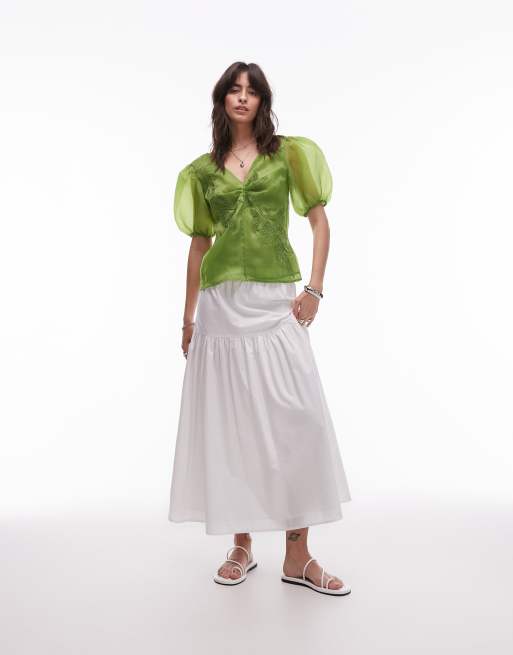 Topshop embroidered organza puff sleeve top in green, 4 of 4