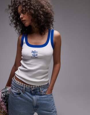 Topshop Embroidered Poisson Ribbed Vest With Blue Contrast In White