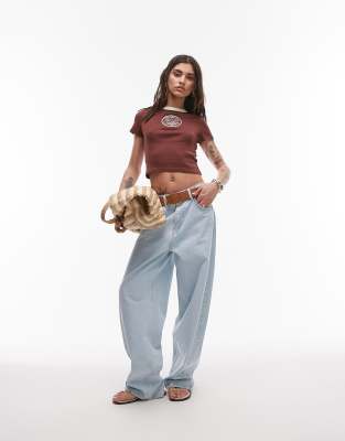 Topshop Embroidered Reggio Calabria Ringer Baby Tee In Brown