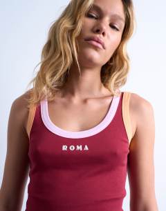 Embroidered Roma contrast rib vest in burgundy