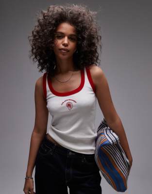 Topshop embroidered shell rib vest with red contrast in white | ASOS