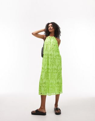 Topshop embroidered tie halter neck midi dress in lime