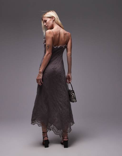 grey lace dress topshop embroidery and slip with frill neck in mar1626