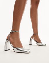 ASOS DESIGN Strut slingback mid heeled shoes in silver | ASOS