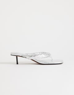 Emily pin mid heel woven toe thong sandal in silver