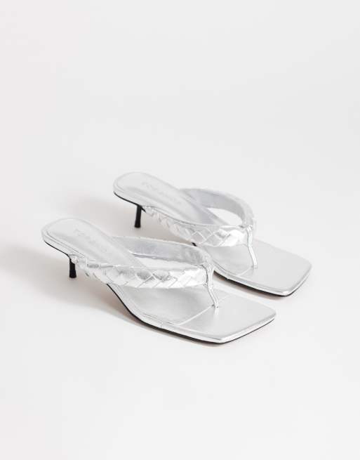 Topshop Emily pin mid heel woven toe thong sandal in silver, 2 of 4
