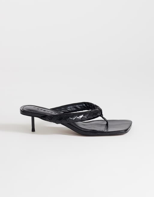 Topshop Emily pin mid heel woven toe thong sandals in black, 2 of 4