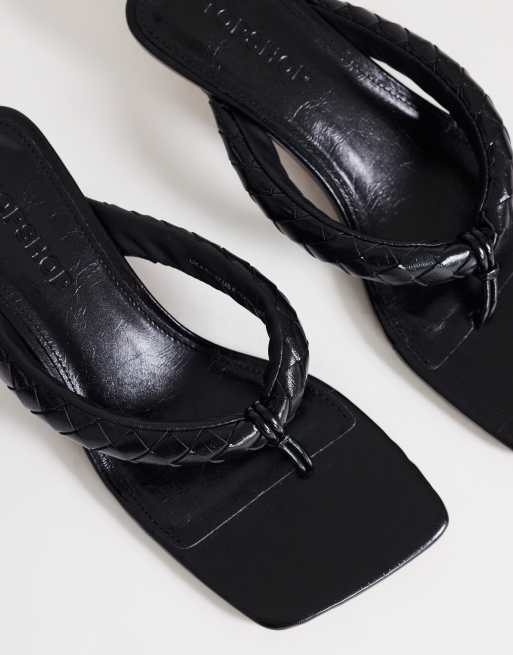 Topshop Emily pin mid heel woven toe thong sandals in black, 3 of 4