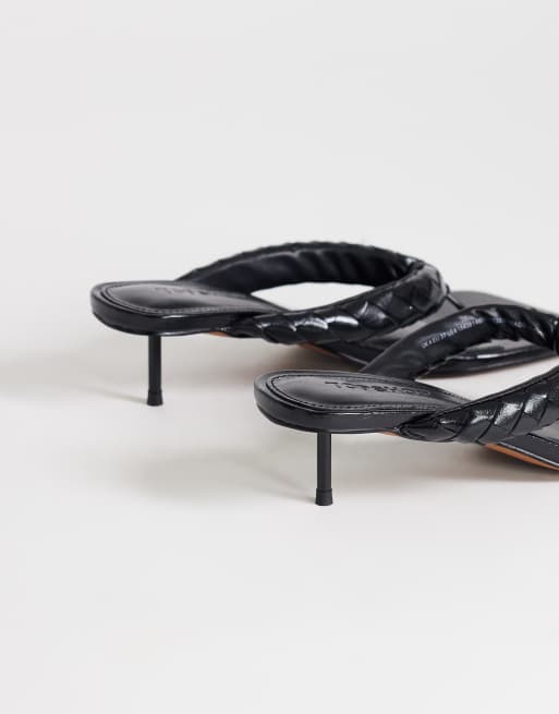 Topshop Emily pin mid heel woven toe thong sandals in black, 4 of 4