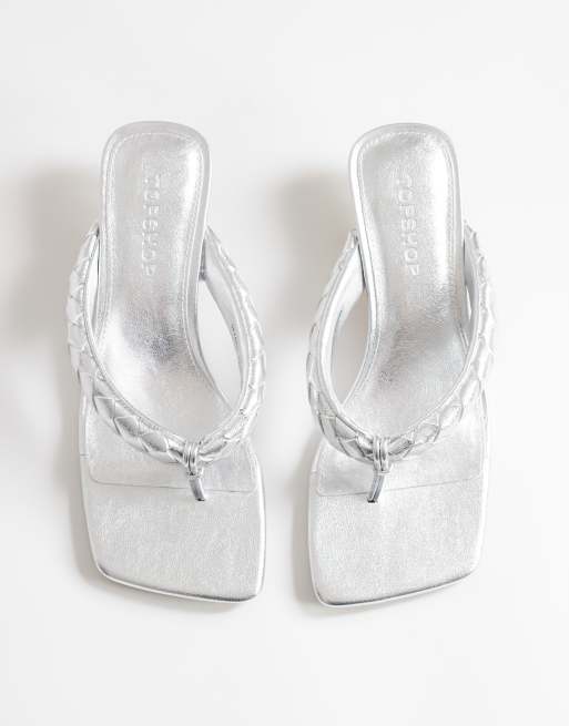 Topshop Emily pin mid heel woven toe thong sandals in silver, 3 of 4