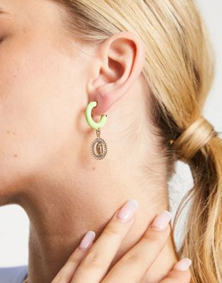 Topshop enamel and pave icon coin drop hoop earrings in lime
