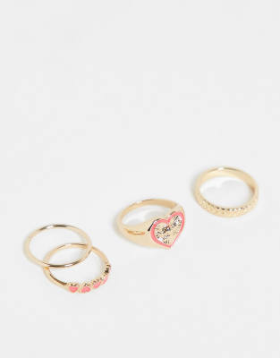 Topshop enamel heart 4 x multpack rings in gold and red - ASOS Price Checker