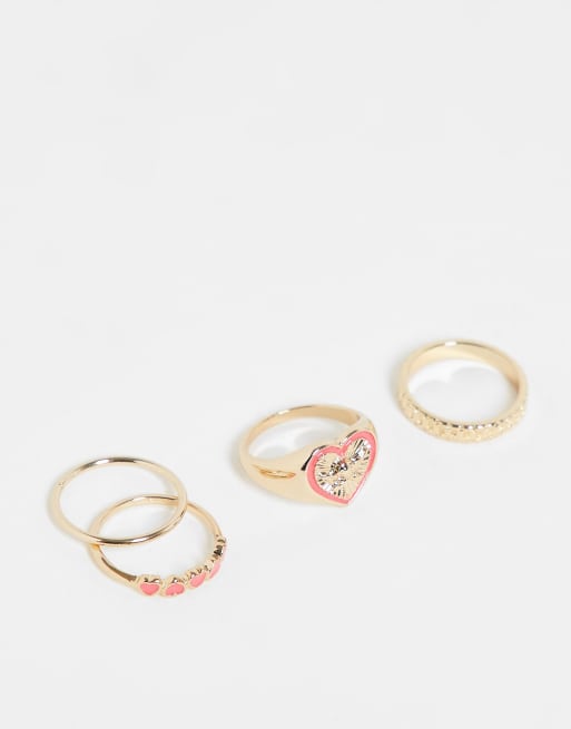 Topshop enamel heart 4 x multpack rings in gold and red