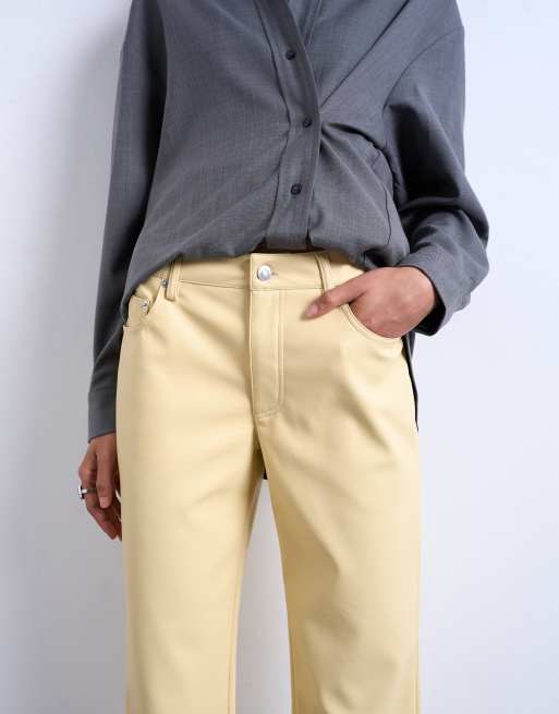 Topshop - Enkellange broek van imitatieleer in lichtgeel, 2 van 5