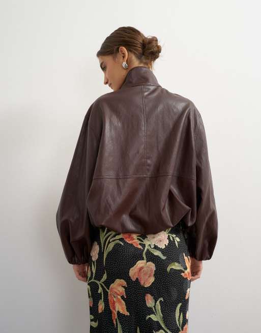 Topshop ensemble 2 pièces top en imitation cuir à col cheminée et ourlet boule, chocolat, 2 de 4