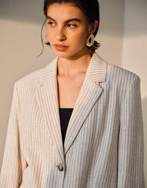 Topshop - Ensemble 3 pièces en lin à fines rayures - Crème