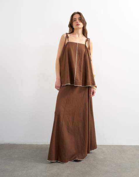 Topshop - Ensemble caraco et jupe longue à liseré contrastant en lin majoritaire - Marron - view 1