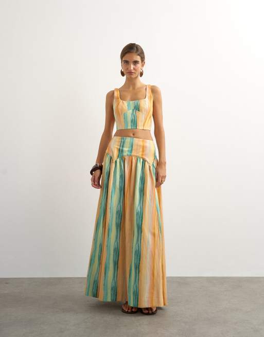 Topshop ensemble jupe midi évasée à taille basse à rayures abstraites orange