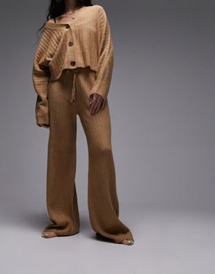 Topshop knitted loungewear rib cardigan and wide leg trouser set in camel - ASOS Price Checker