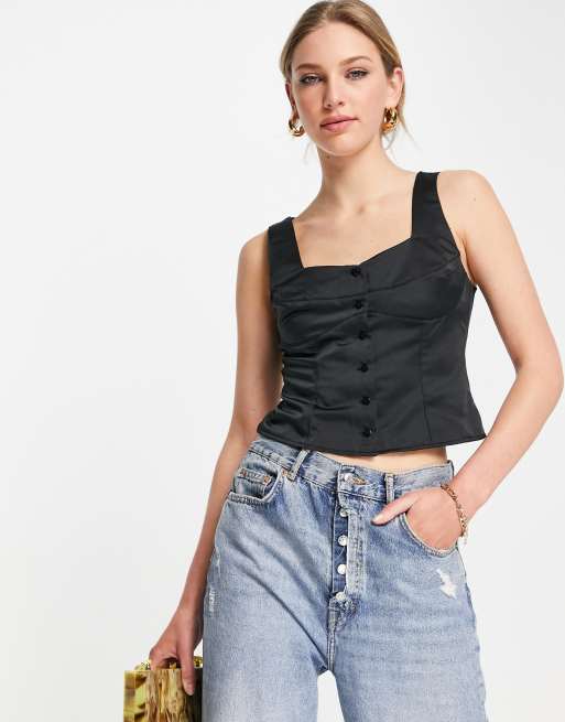 Topshop - Ensfarvet korsetbluse i sort
