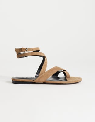 Topshop Erika Real Suede Flat Sandals In Brown