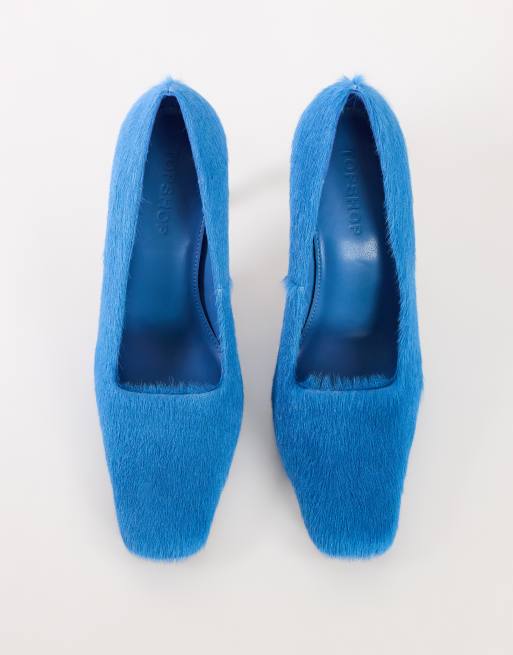 Topshop escarpin Amos à talon banane biseauté bleu en cuir véritable à poils, 3 de 4