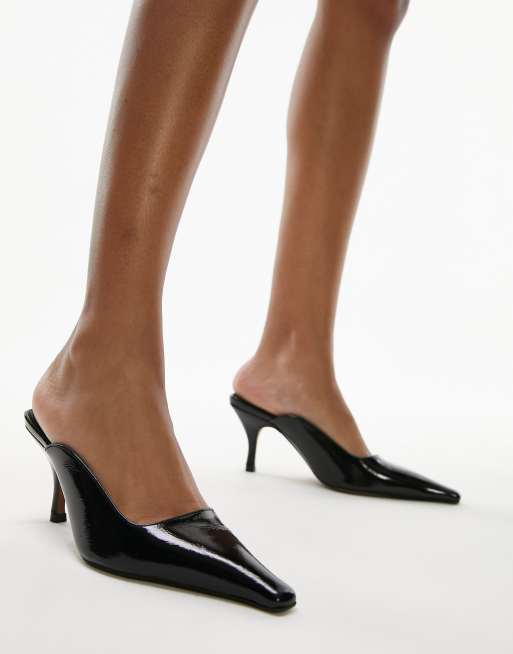 Topshop Etta premium leather pinched toe mid heel pumps in black