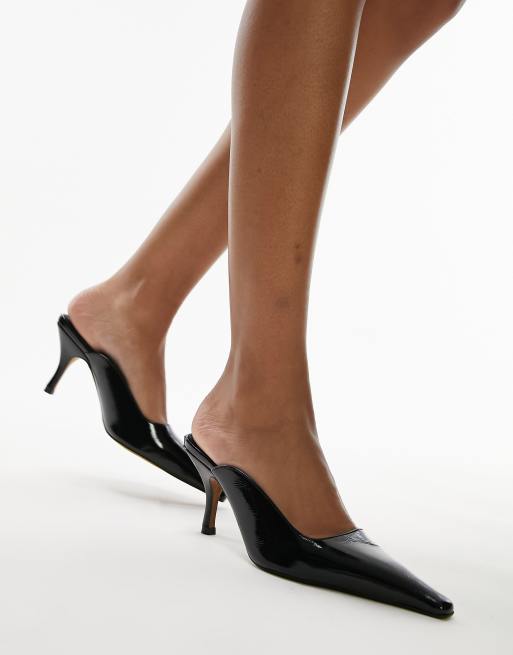 Topshop Etta premium leather pinched toe mid heel pumps in black