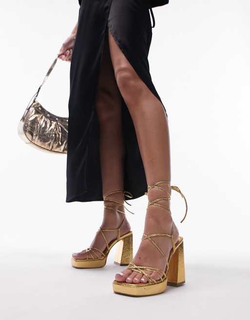 Topshop Eve heeled platforms with ankle tie in gold