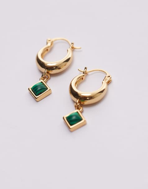 Topshop – Evelyn – 24k guldpläterade creoler med gröna hängen - view 1