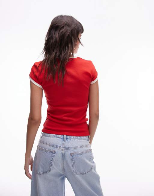 Topshop – Everyday – Czerwony T-shirt z kontrastowymi lamówkami , 4 z 4