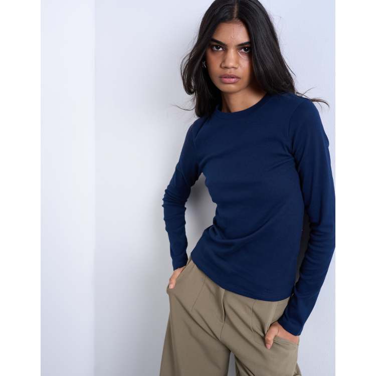 Haut Topshop Bleu Marine Manches Longues - Taille 4 - Coton Ajusté Pour Femme