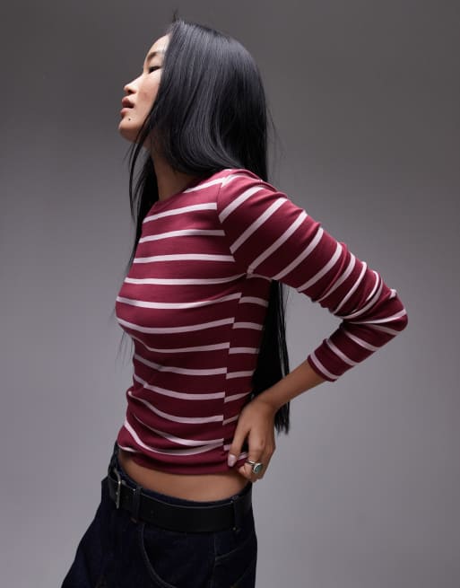 Topshop - Everyday - T-shirt a maniche lunghe bordeaux a righe