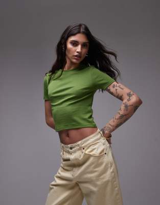 Chemisier Topshop Vert Foncé Manches Courtes - Effet Froissé, Doublure Coton, Taille 8, Occasion