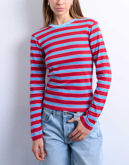 Topshop - Everyday - T-shirt manches longues à rayures - Rouge et bleu, 3 de 4