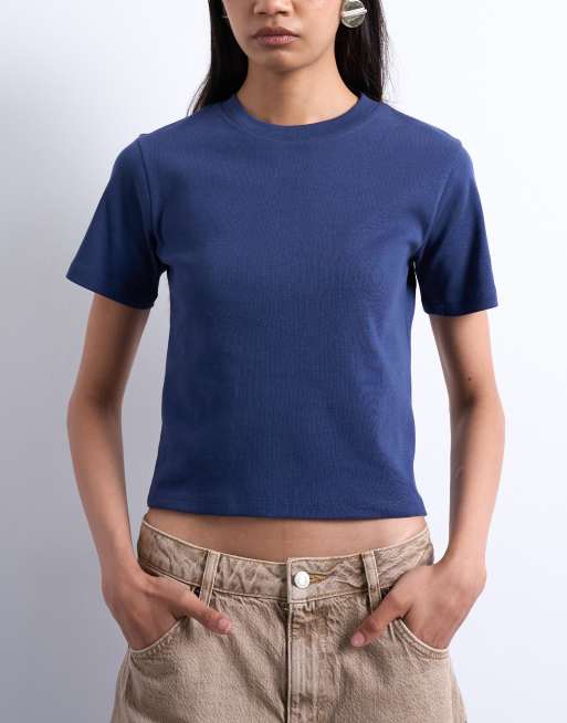 Topshop - Everyday - T-shirt taglio corto e stretto blu navy