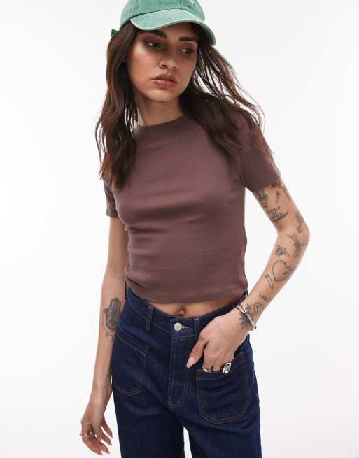 Topshop - Everyday - T-shirt taglio corto e stretto color cioccolato new 