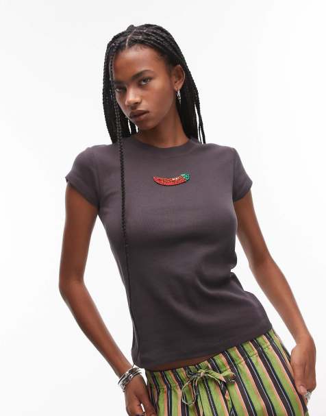 Topshop everyday tee with chilli embroidery in charcoal - view 1