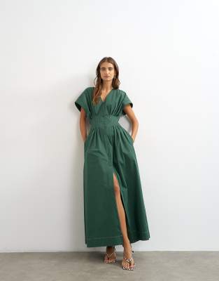Topshop Exaggerated Shoulders Dress With Cinched Pintuck Waist And Contrast Stitching In Green