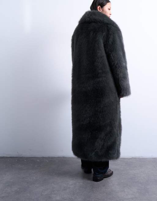 Topshop – Extralanger Oversize-Mantel aus Kunstpelz in Anthrazit mit Schalkragen, 2 von 4