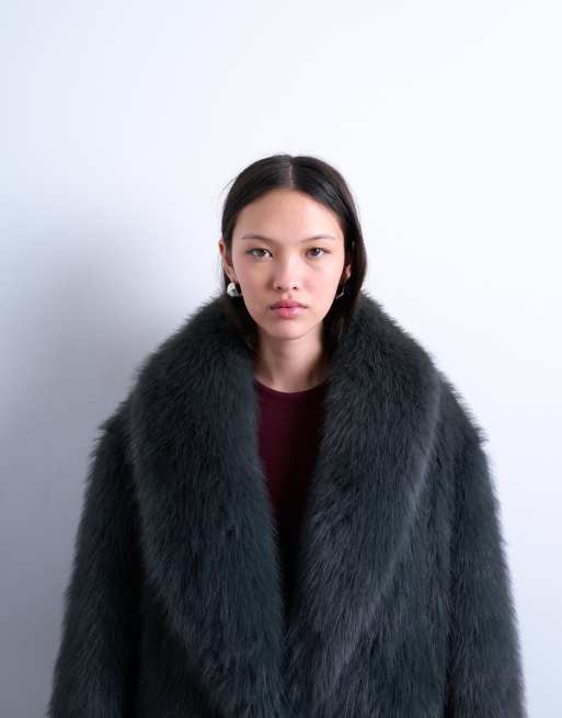 Topshop – Extralanger Oversize-Mantel aus Kunstpelz in Anthrazit mit Schalkragen, 4 von 4