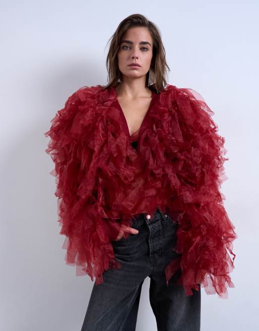 Topshop – Extrem strukturierte Strickjacke aus Organza in Burgunderrot, 3 von 4