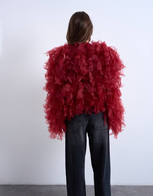 Topshop – Extrem strukturierte Strickjacke aus Organza in Burgunderrot, 4 von 4