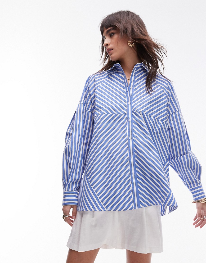 Topshop Extreme Paneled Cotton Stripe Shirt In Wide Blue Stripe